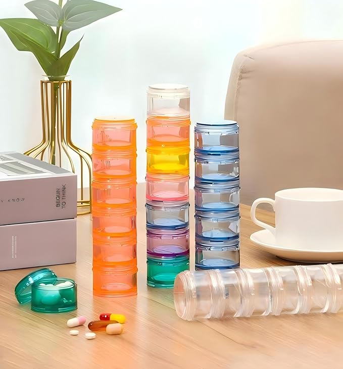 Stacking Pill Box Vitamin Organizer 7 Day Travel Case Holder Container (Multicolor, S)