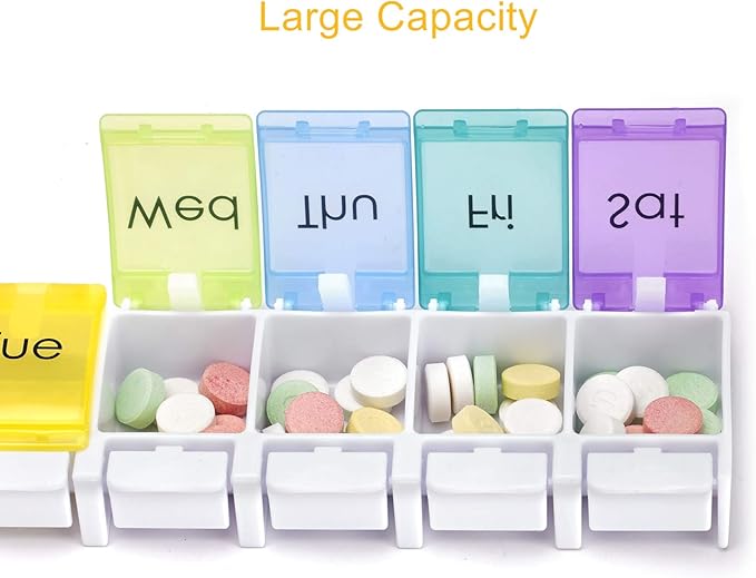 2 Pack Weekly Pill Organizer Vitamin Holder, DOSMAMZ 7 Day Travel Pill Box with Large Compartments, Push Button Design Medication Dispenser Case (Rainbow)