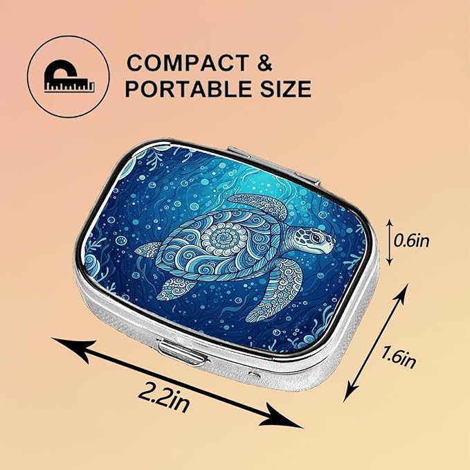Square Pill Case Small Pill Box with Mirror Pocket 2 Compartment Vitamin Pill Medicine Case Organizer Pill Containers for Traveling Wave Sea Turtle