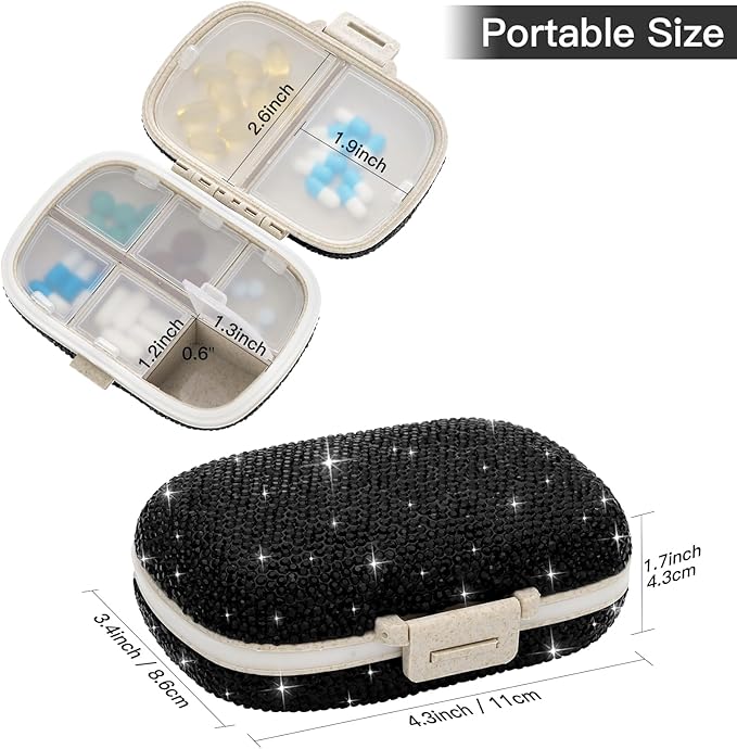Soleebee Portable 8 Compartments Daily Pill Organizer, Bling Crystal Diamond Pill Box, Small Travel Pill Case, Pill Dispenser, Medicine Container Organizer to Hold Vitamin, Fish Oil (Black)