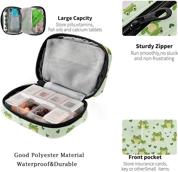 Fustylead Cute Green Happy Frog and Hearts Travel Pill Organizer Bag with Zipper Small Pill Box 7 Day Pill Case for Purse Storage Weekly Vitamin Medicine Supplement