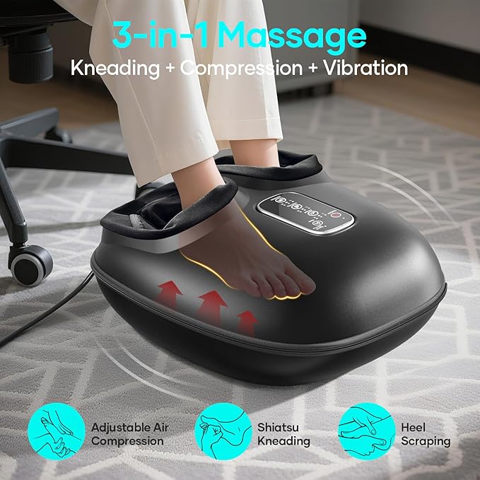 Heated Foot Massager for Neuropathy and Plantar Fasciitis, Foot Massager with Heat, Shiatsu Deep Kneading, Vibration, Rolling Compression, 3-Level Adjustable for Pain Relief, Portable for Home Use