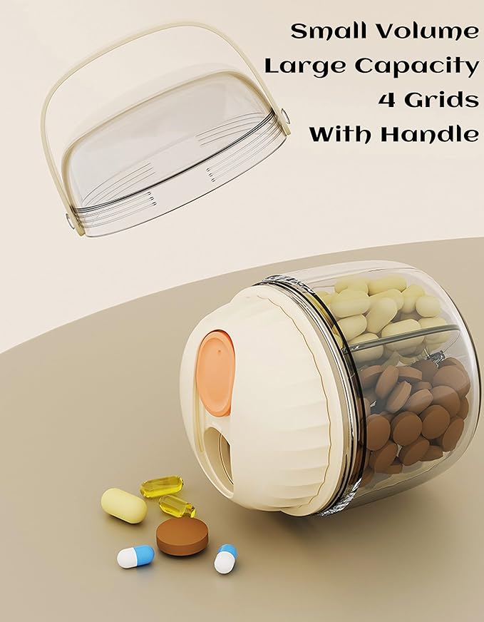 MURRI&MURRDI Pill Organizer with 4 Compartments, Travel Pill Box Portable Pill Case Anti-Mixing & Wide Opening, Compact Pill Container Holder for Vitamins Fish Oils Medications (F Cream White)