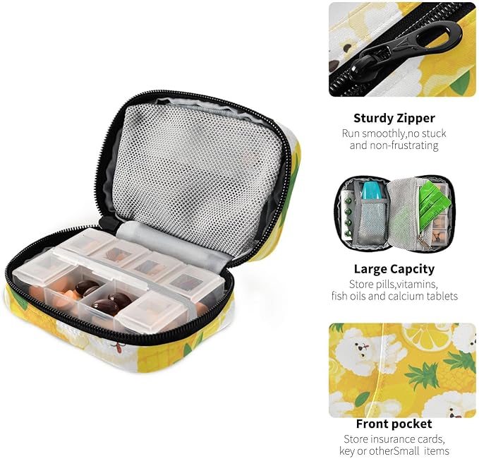 Poodle and Lemon Yellow Travel Pill Organizer Case Box Container Weekly Portable Vitamin Medicine Holder Storage Bag with Zipper Removable
