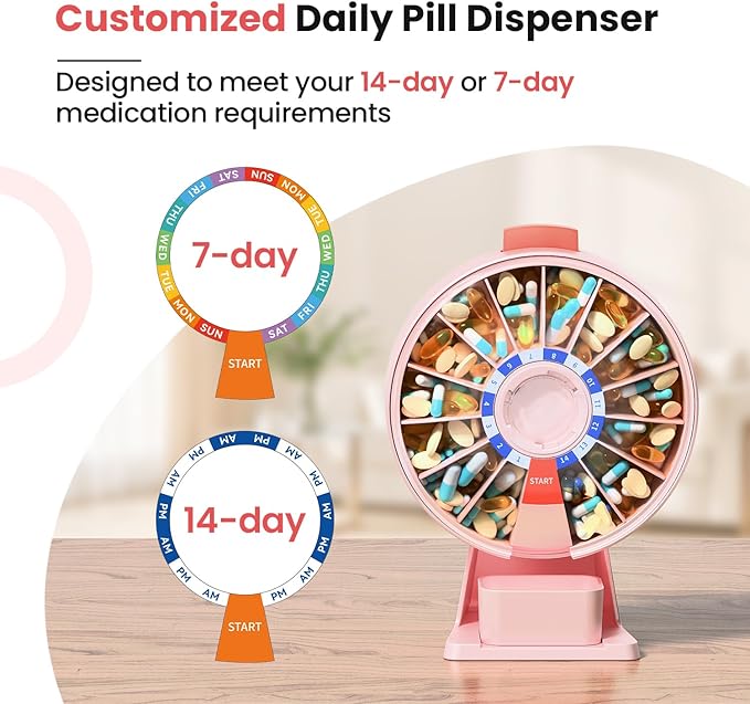 Odaro Large Pill Dispenser, Weekly Pill Organizer 7 Day Am Pm / 14 Day Pill Box, Daily Medicine Pill Organizer with Wall-Mounted or Standing Use for Vitamin, Supplement, Medicine - Pink