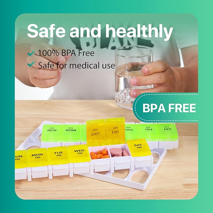 Sukuos AM PM Weekly Pill Organizer 7 Day, 2 Times A Day Medicine Pill Box with Easy Push Button, BPA Free Vitamin Cases for Fish Oil/Supplements, Easy to Clean (Yellow&Green)