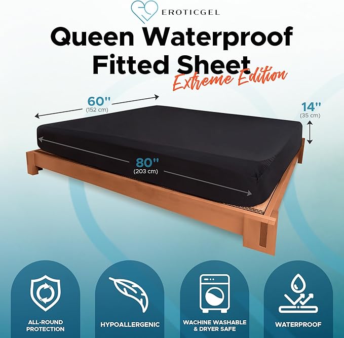 Extreme Queen Waterproof Fitted Sheet, 14'' Deep Pocket, 100% Black Mattress Protector, Safe with Oil, Water-Based, & Silicone-Based Massage Products, Machine Washable, Noiseless, Hypoallergenic