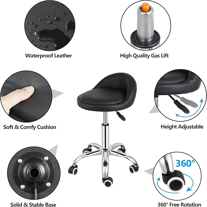 HomGarden Saddle Stool Rolling Chair for Medical Massage Salon Kitchen Spa Drafting Office Kitchen Drafting Chair Stool w/Backrest Cushion & Wheels Black
