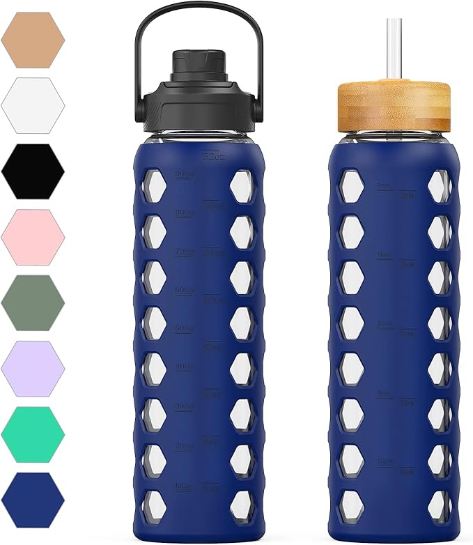 MUKOKO 32oz Glass Water Bottles with 2 Lids-Handle Spout Lid&Bamboo Straw Lid, Motivational Water Tumbler with Time Marker Reminder and Silicone Sleeve, Leakproof-Blue-1 Pack