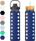 MUKOKO 32oz Glass Water Bottles with 2 Lids-Handle Spout Lid&Bamboo Straw Lid, Motivational Water Tumbler with Time Marker Reminder and Silicone Sleeve, Leakproof-Blue-1 Pack