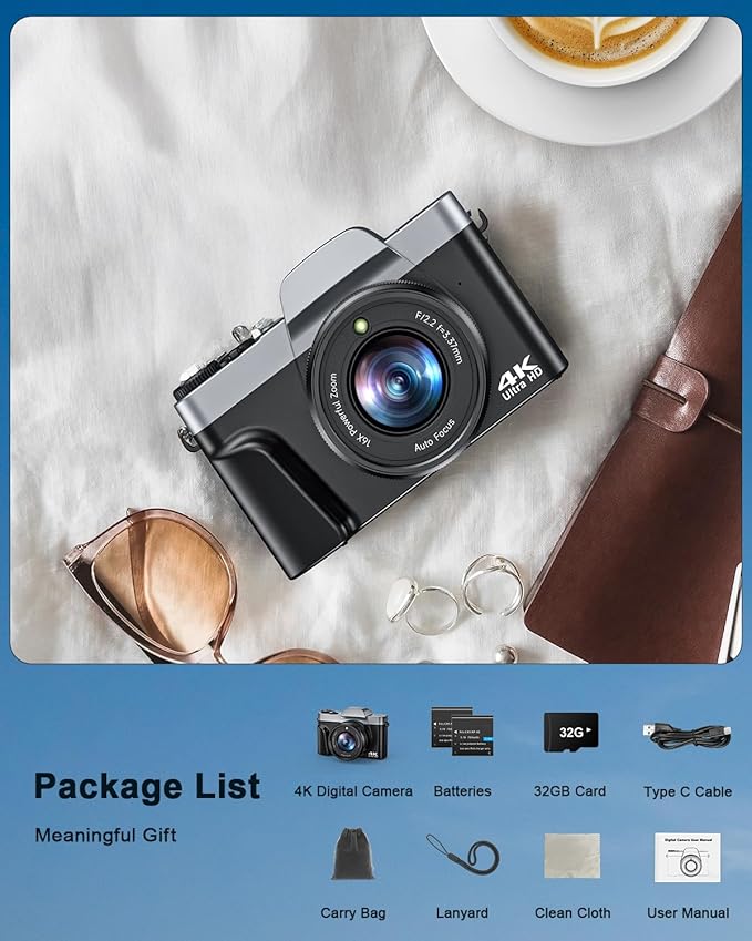 4K Digital Camera for Beginners & Teens with WiFi, 64MP Compact Autofocus Camera with 32Gb Card for Travel Vlogging Camera for YouTube, 180° Flip Screen Selfie Camera, Includes 2 Batteries