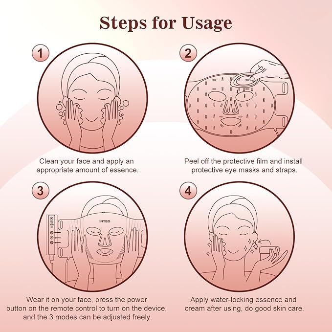 INTEO Red Light Therapy for Face, 3 Modes Portable Led Face Mask Light Therapy with Remote, Infrared Light Mask with Timing Function, Led Light Therapy At Home, Pink