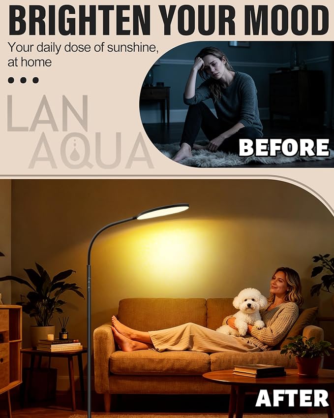 LanAqua Light Therapy Lamp, 11000 Lux UV-Free Happy Therapy Lamp with Touch & Remote Control, Full Spectrum Sunlight Lamp with 10 Brightness & 3 Color Temperatures, Light Therapy Floor Lamp with Timer