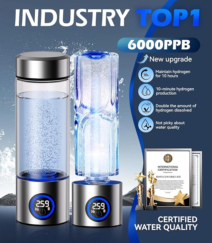 2026 Upgrade Hydrogen Water Bottle Generator,Portable Hydrogen Water Ionizer Machine【6000PPB High Concentration】【Precision 0 Leakage】 Rechargeable Rapid Hydrogen Boost,for Home Office Travel Fitness