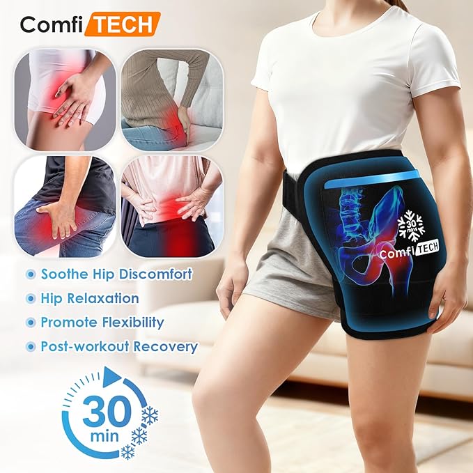 ComfiTECH Dual-Gel XL Hip Ice Pack Wrap with Extended 30-Minute Cooling, Detachable Reusable Cold Pack & Flexible Gel Ice Wrap for Hip Replacement Recovery, Sciatic Nerve, Hip Flexor Discomfort