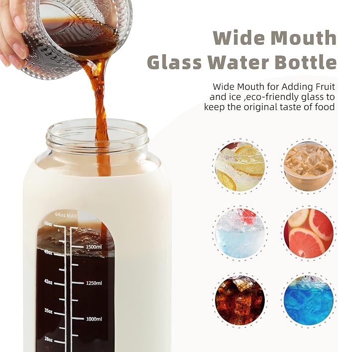 Glass Water Bottle with Straw and Handle Lid Half Gallon Motivational Glass Bottle with Silicone Sleeve and Time Marker Large Reusable Sports Water Jug for Gym Home Workout