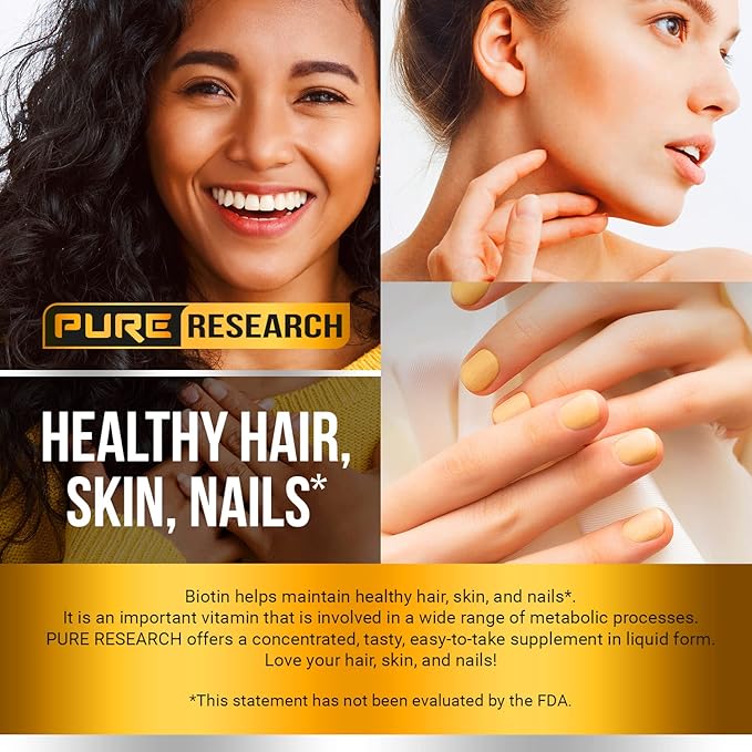 PURE RESEARCH Liquid Biotin & Collagen Hair Growth Drops 60,000mcg – Biotin and Liquid Collagen Supplements for Women & Men – Supports Glowing Skin, Healthy Hair & Nail Growth (2Fl Oz)
