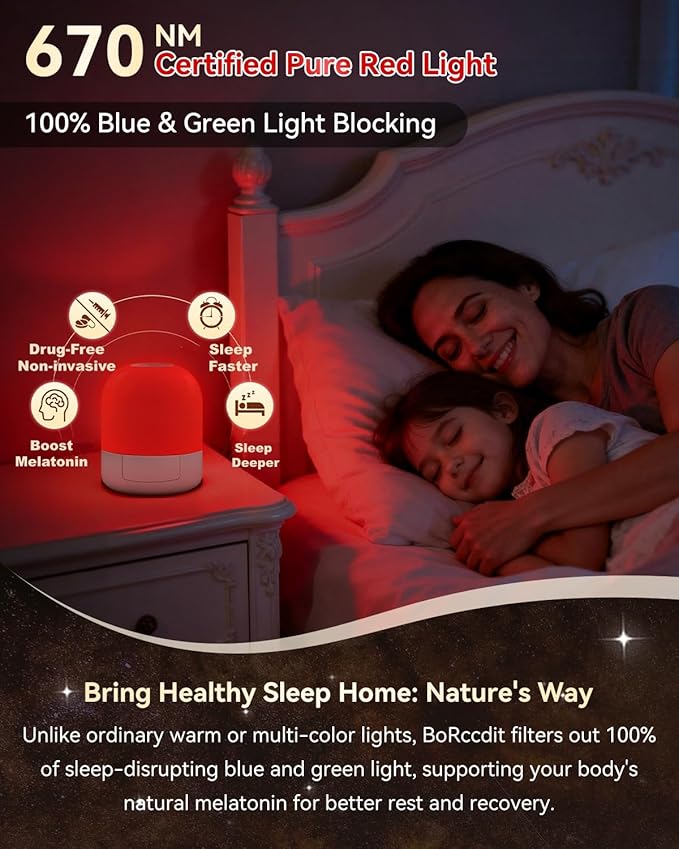 670nm Red Light for Sleep, 100% Blue Light Blocked & 10%-100% Dimmable & 4 Timers & Remote + Touch, Rechargeable Long Lasting Red Night Light Sleep Lamp for Bedroom, Nursery, Reading