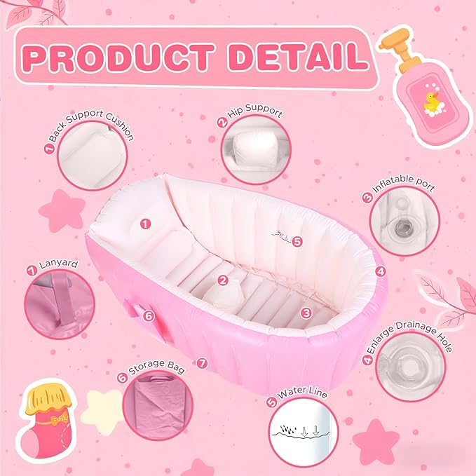 Inflatable Baby Bathtub, Collapsible Safe Baby Bath Tub, Portable Travel Shower Basin with Built-in Air Pump, Newborn to Toddler Bath Tub, Deflates and Folds Easily, Non-Slip (Pink)