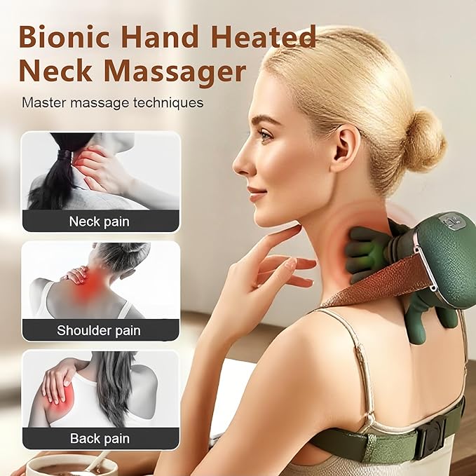 Bionic Hand Heated Neck Massager, Portable Shiatsu Shoulder and Back Massager, 3-Speed Adjustable Rechargeable Massage Master Relief Pain and Muscle Relax for Home, Office and Travel