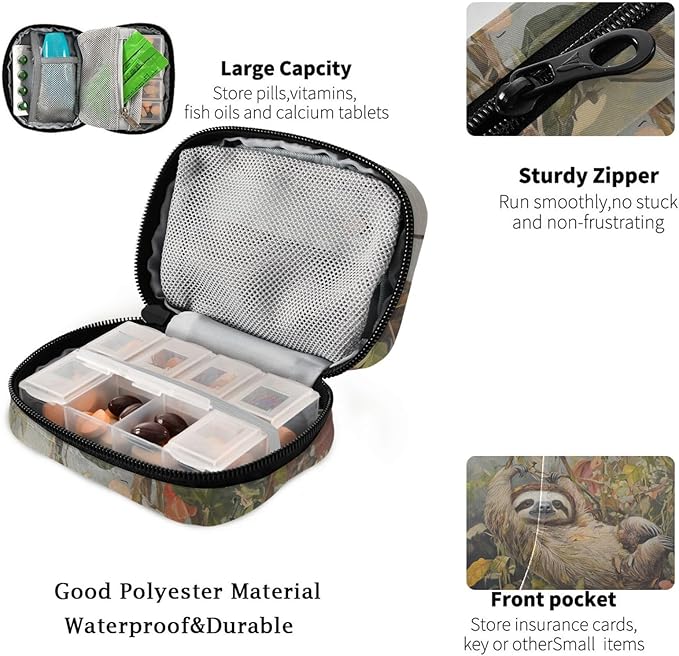 Fustylead Vintage Lovely Sloth Oil Painting Pill Organizer Case with Zipper 2 Times A Day for Vitamin and Supplement, 7 Day Travel Organizer Medicine Case