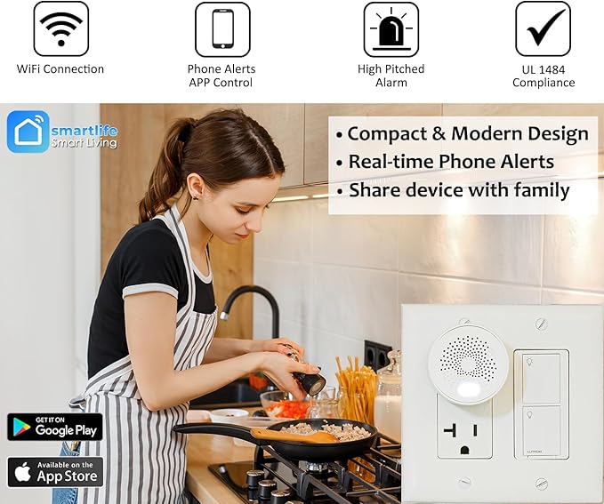 Smarter Living - WiFi Gas Alarm Leak Detector for Natural Gas, Propane, Methane, Butane, LPG, LNG, Flammable Explosive Gases, Reliable Sensor, Phone Notifications, Plug in, Trailer, RV, Home