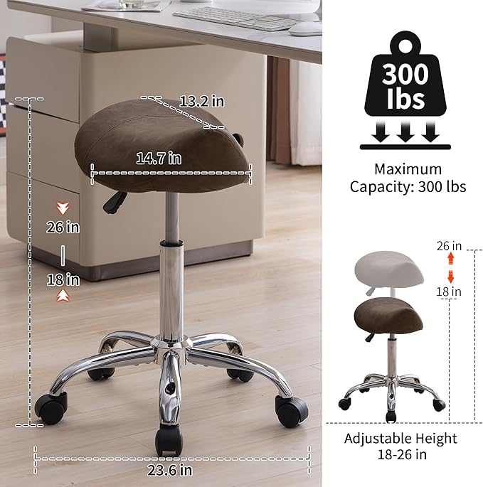 Saddle Stool, Swivel Saddle Stool with Wheels, Adjustable Rolling Stool 18"-26", Faux Leather Rolling Stool for Salon, Massage, Clinic, Lab, Office (Tan, 1PCS (18"-26"))