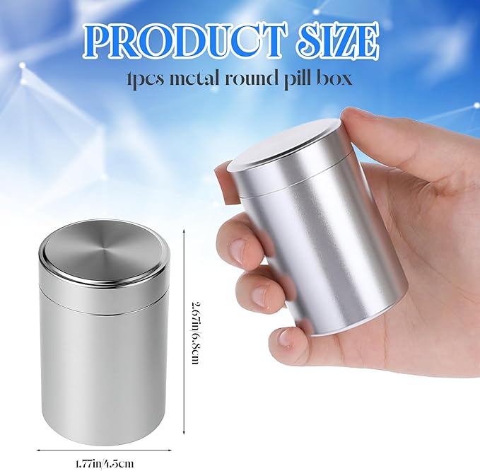 Portable Small Metal Pill Case, Round Aluminum Alloy Pill Holder, Waterproof Medicine Organizer, Pocket-Sized Pill Box for Travel and Outdoor Use, Silver