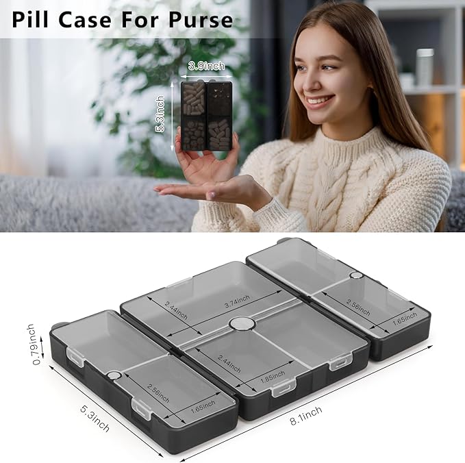 FYY Daily Pill Organizer,7 Compartments Portable Pill Case Travel Pill Organizer,[Folding Design] Large Pill Box for Purse Pocket to Hold Vitamins,Cod Liver Oil,Supplements and Medication-Clear Black