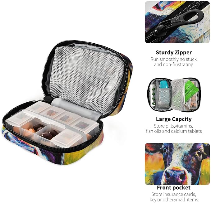Pill Box Fun Cow 7 Day Pill Case Travel Pill Organizer Bag with Zipper Portable Weekly Vitamin Medicine Supplement Holder Pouch Bag