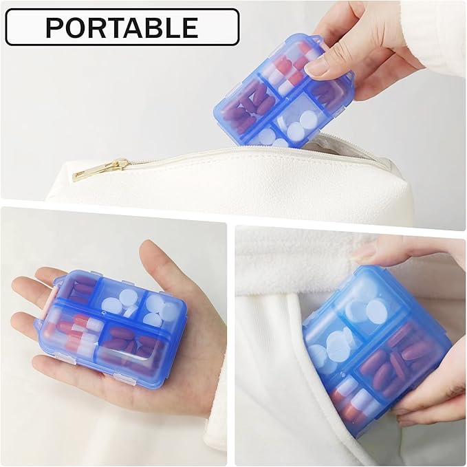 Travel Pill Organizer Portable Pocket Pill Case Small Pill Box for Purse Medicine Organizer Have 10 Compartments Storage Vitamin Fish Oil by INVODA (1PCS Blue+Lables)