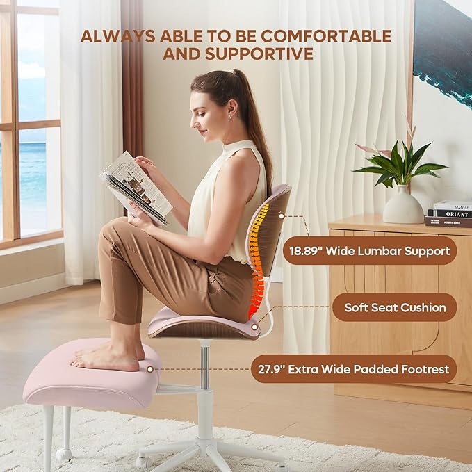 Bestier Ergonomic Cross Legged Office Chair for Women, Meditation Chair with Wider Back Support for Adults, 360° Swivel Office Chair with Wheels, Adjustable Height for ADHD Girl Pink PU Leather