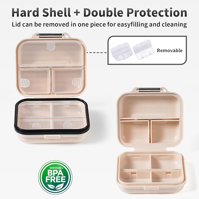 Daviky Travel Pill Organizer,Small 7-Compartment Pill Box for Vitamins & Medications, Compact Medicine Case for Pocket or Purse(White)