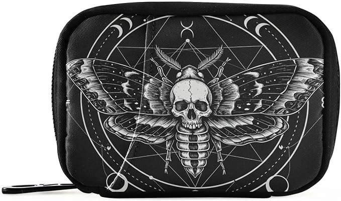 Travel Pill Organizer Bag Weekly Pill Organizer Case Goth Black Skull Moth Portable Small Daily Pill Boxes for Vitamin Fish Oils Supplement Holder with Zipper Compact Size