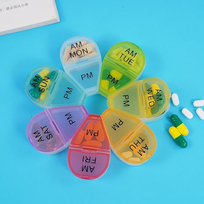 Cute 7 Day AM PM Pill Organizer, Twice a Day Weekly Pill Box with 7 Color Coded Compartments, Flower Shape Portable Travel Pill Case for Vitamins, Supplements and Medications (Multicolor, Small)