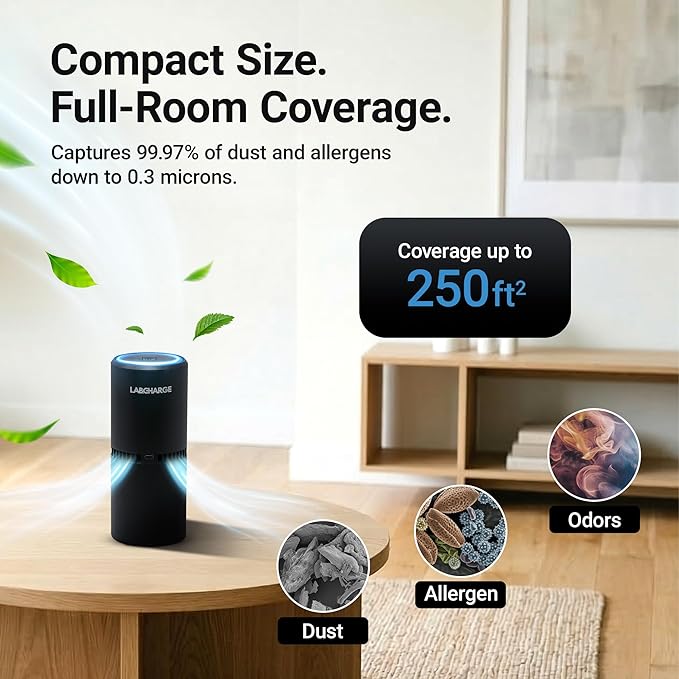 LabCharge Compact Air Purifier - Covers 250 Sq Ft - Ideal for Bedroom or Dorm Room - Silent HEPA Filter Captures Dust and Pollutants - Portable, Mini Air Purifier for Small Spaces