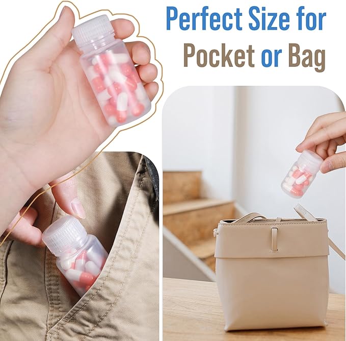 Small Pill Bottle, Empty Medicine Bottles with Screw Caps for Pills Capsules Vitamins, Food Grade Plastic Medicine Containers with Labels for Travel (Clear&Brown, 2oz/60ml, 6 Pcs)
