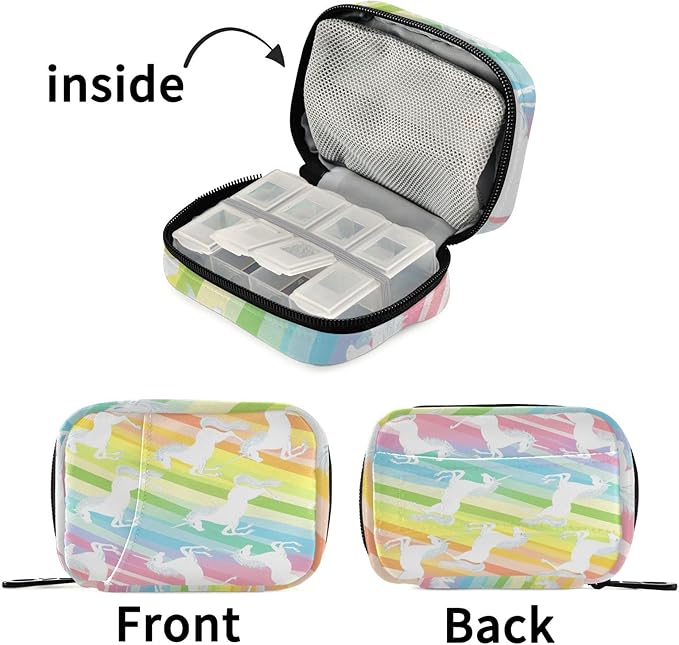 Unicorns Rainbow Stripes Colors Travel Pill Organizer Case Box Container Weekly Portable Vitamin Medicine Holder Storage Bag with Zipper Removable