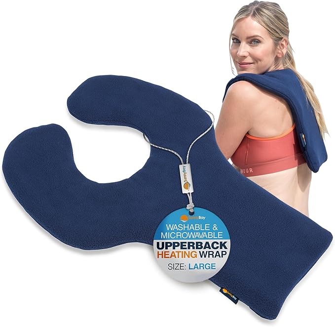 SunnyBay Shoulder and Upper Back Heating Pad, Microwavable Heated Neck and Shoulder Wrap, Weighted Moist Pain Relief Pack with Washable Cover and Flax Seed Filling, Large, Navy Blue