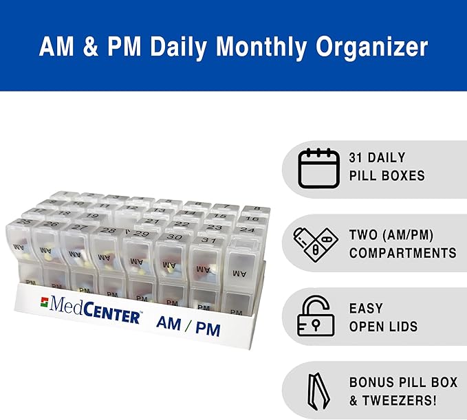 MedCenter AM/PM Pill Organizer HSA/FSA – 31 Day Monthly Pill Box with 2 Daily Compartments (AM & PM), Easy-Open Lids, Bonus Pill Box & Tweezers – Medication Organizer for Vitamins & Prescriptions