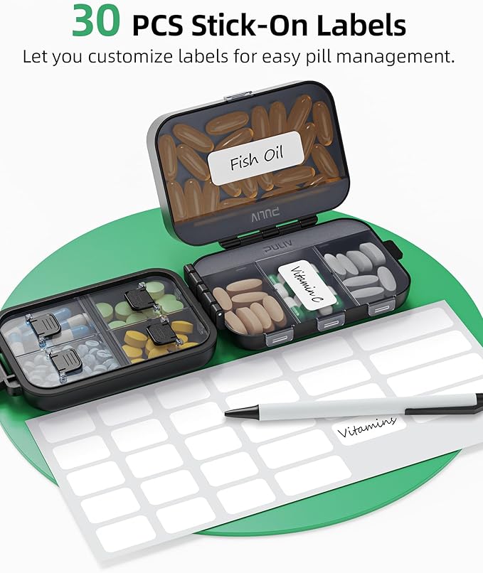 PULIV Travel Pill Organizer with 3 Layers for Compact and Large Storage, Easy-to-Open Daily Pill Box Case, Portable Medication Organizer with 8 Compartments for Supplements, Vitamins, Fish Oils