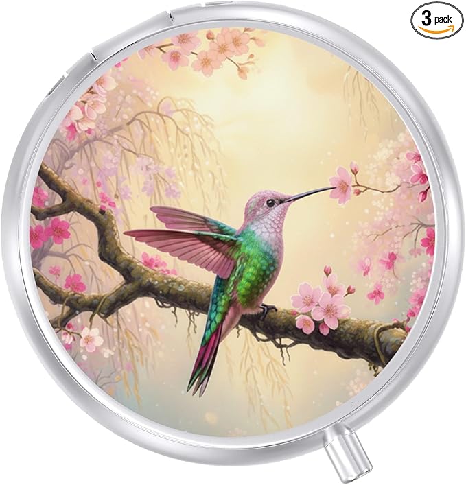 Round Pill Case Small Pill Box with Mirror Pocket 3 Compartment Vitamin Pill Medicine Case Organizer Pill Containers for Traveling Hummingbird Cherry Blossom