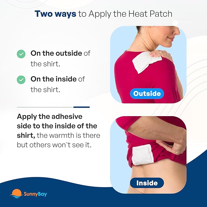 SunnyBay Adhesive Heat Patches for Neck, Knee, and Upper or Lower Back, Air-Activated Heat Pads for Menstrual Cramps, Stiffness, Sprains, and More, Stick to Clothing, 5x3 inches, 30 Count