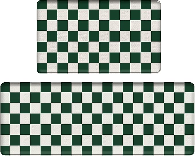 Bulijojo Green Buffalo Plaid Anti Fatigue Kitchen Floor Mats Set of 2 Waterproof Kitchen Sink Runner Rug Standing Mat Cushioned Kitchen Rugs Comfort Doormat 17"x47"+17"x30"