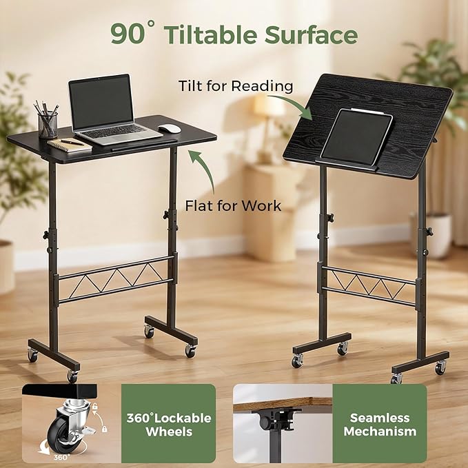 GTPLAYER Small Standing Desk Adjustable Height, 30.7"-46.4" Portable Computer Table Mobile Desk Workstation Stand Up Desk with Wheels Compact Rolling Table for Home Work Treadmill Walking Pad Black