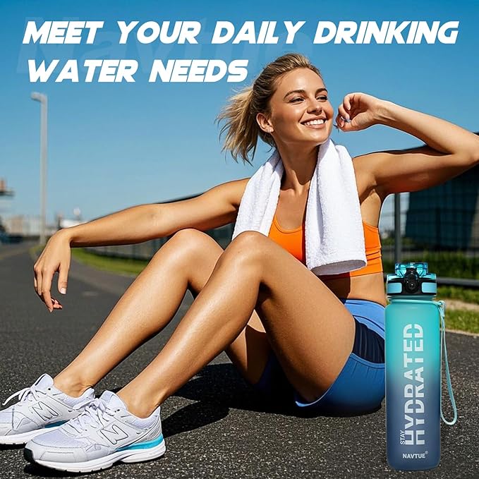 Water Bottle, 32 oz Sports Water Bottles with Time Marker Wide Mouth, Motivational and Leakproof Drink Bottle, BPA Free Tritan with Carry Strap for Gym Fitness Outdoor(1 Bottle)