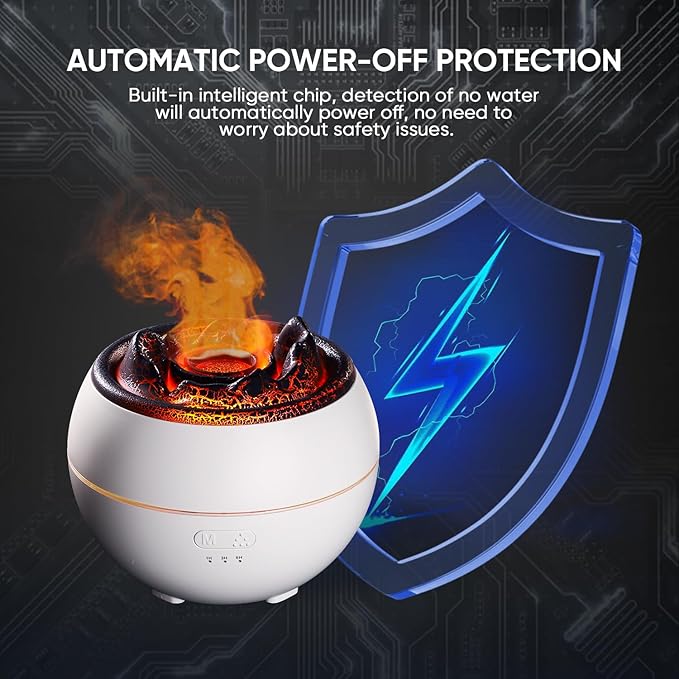 Essential Oil Diffuser, Volcano Flame Fire Oil Diffuser, 360ml Ultrasonic Cool Mist Aromatherapy Humidifier, Scent Diffuser with 7 Colors Light, Timer & Auto Shut-Off for Home, Room (White)