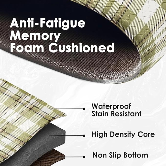Arttown Green Anti-Fatigue Kitchen Rug Set of 2 Plaid Cushioned Floor Standing Mat Waterproof Non-Slip Mat and PVC Ergonomic Comfort Foam Rug