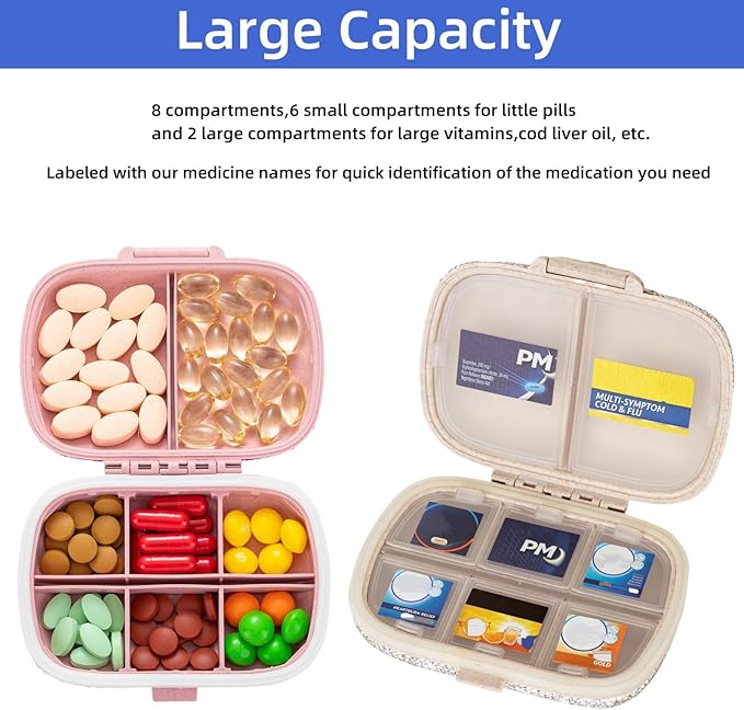Pill Organizer with Labels Bling Pocket Pill Case with Stickers Travel Medicine Kit Holder Small Purse Pill Box Container Portable Mini Medication Storage (Pink & 300 Labels)