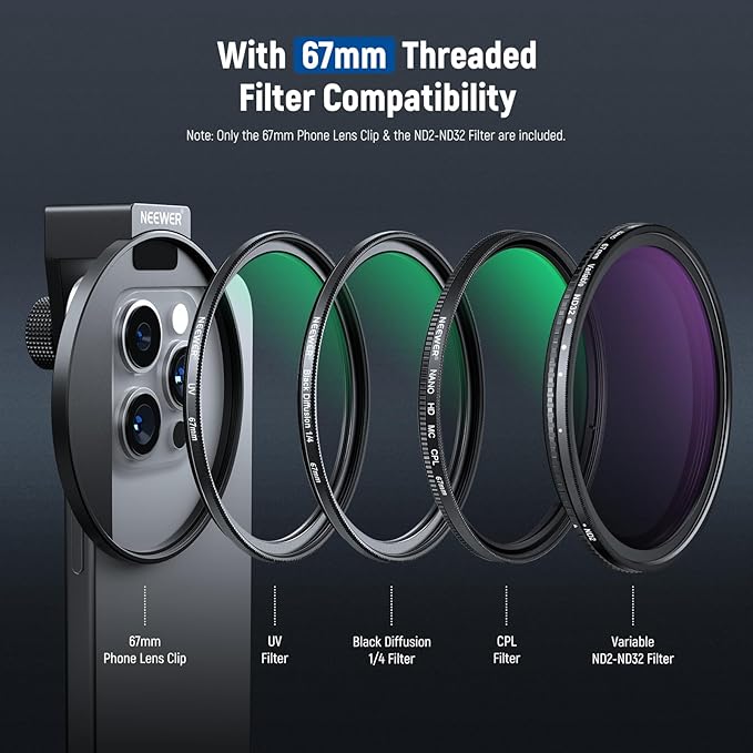 NEEWER 67mm Clip On Variable ND Filter Kit with Cold Shoe Phone Clip, Adjustable ND2-32 Filter Compatible with iPhone 17 16 15 Pro Max Plus Android Samsung Galaxy S24 S25 Ultra